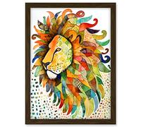 Artery8 Lion's Head Multicoloured Folk Art Watercolour Painting Artwork Framed A3 Wall Art Print
