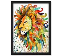 Artery8 Lion's Head Multicoloured Folk Art Watercolour Painting Artwork Framed A3 Wall Art Print