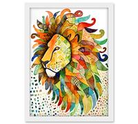 Artery8 Lion's Head Multicoloured Folk Art Watercolour Painting Artwork Framed A3 Wall Art Print