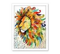 Artery8 Lion's Head Multicoloured Folk Art Watercolour Painting Artwork Framed Wall Art Print 18X24 Inch
