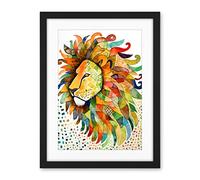 Artery8 Lion's Head Multicoloured Folk Art Watercolour Painting Artwork Framed Wall Art Print 18X24 Inch