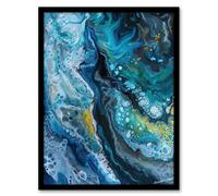 Liquid Paint Teal Blue Yellow Abstract Painting Framed Art Print Artery8 Blue A4