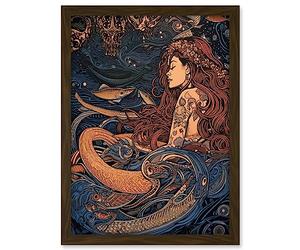 Artery8 Little Mermaid and Aquatic Animals Illustration Artwork Framed A3 Wall Art Print