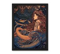 Artery8 Little Mermaid and Aquatic Animals Illustration Artwork Framed Wall Art Print 18X24 Inch