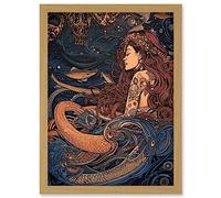 Artery8 Little Mermaid and Aquatic Animals Illustration Artwork Framed Wall Art Print A4