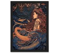 Artery8 Little Mermaid and Aquatic Animals Illustration Artwork Framed Wall Art Print A4