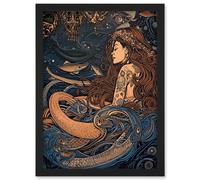 Artery8 Little Mermaid & Aquatic Animals Illustration Artwork Framed Wall Art Print A4 in Black Artery8 Black