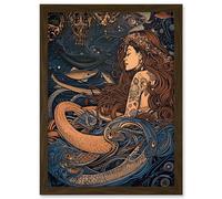 Artery8 Little Mermaid and Aquatic Animals Illustration Artwork Framed Wall Art Print A4