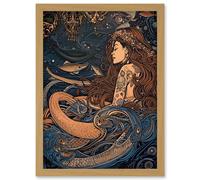 Artery8 Little Mermaid and Aquatic Animals Illustration Artwork Framed Wall Art Print A4