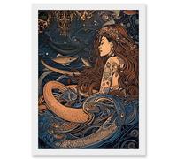 Artery8 Little Mermaid and Aquatic Animals Illustration Artwork Framed Wall Art Print A4