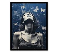 Artery8 Live Without Regrets Collage Butterfly Blues Woman Artwork Framed Wall Art Print 18X24 Inch