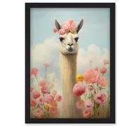 Artery8 Llama and Peonies Pink Elegant Artwork Kids Bedroom Floral Portrait with Roses Artwork Framed Wall Art Print A4