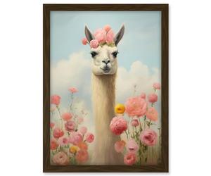 Artery8 Llama and Peonies Pink Elegant Artwork Kids Bedroom Floral Portrait with Roses Artwork Framed A3 Wall Art Print