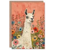 Artery8 Llama in Flower Meadow Colourful Watercolour Blank For Him Or Her Art Birthday Card