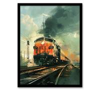 Artery8 Framed Wall Art Locomotive Train Front View Railway Painting Print - 12X16 Inch