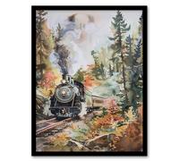 Artery8 Locomotive Train on Autumn Forest Railway Track Framed Art Print in Brown | Size: A4 Artery8 Brown A4