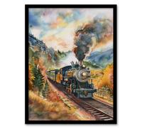Artery8 Locomotive Train Passing Through Autumn Forest Framed Art Print | Size: A4 Artery8 Multicolor A4