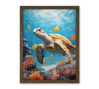 Artery8 Loggerhead Sea Turtle in Coral Reef Bright Detailed Artwork Caretta Swimming with Yellow Striped Fish Artwork Framed Wall Art Print 18X24 Inch