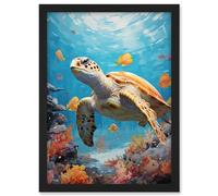 Artery8 Loggerhead Sea Turtle in Coral Reef Bright Detailed Artwork Caretta Swimming with Yellow Striped Fish Artwork Framed A3 Wall Art Print