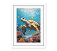 Artery8 Loggerhead Sea Turtle in Coral Reef Bright Detailed Artwork Caretta Swimming with Yellow Striped Fish Artwork Framed Wall Art Print 18X24 Inch