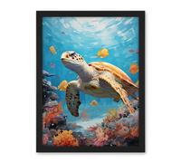 Artery8 Loggerhead Sea Turtle in Coral Reef Bright Detailed Artwork Caretta Swimming with Yellow Striped Fish Artwork Framed Wall Art Print 18X24 Inch
