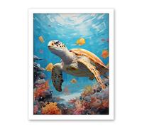 Artery8 Loggerhead Sea Turtle in Coral Reef Bright Detailed Artwork Caretta Swimming with Yellow Striped Fish Artwork Framed Wall Art Print 18X24 Inch