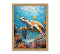 Artery8 Loggerhead Sea Turtle in Coral Reef Bright Detailed Artwork Caretta Swimming with Yellow Striped Fish Artwork Framed Wall Art Print 18X24 Inch
