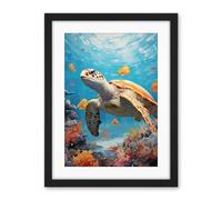 Artery8 Loggerhead Sea Turtle in Coral Reef Bright Detailed Artwork Caretta Swimming with Yellow Striped Fish Artwork Framed Wall Art Print 18X24 Inch