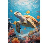 Artery8 Loggerhead Sea Turtle in Coral Reef Bright Detailed Artwork Caretta Swimming with Yellow Striped Fish Large Wall Art Poster Print Thick Paper 18X24 Inch