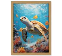 Artery8 Loggerhead Sea Turtle in Coral Reef Bright Detailed Artwork Caretta Swimming with Yellow Striped Fish Artwork Framed A3 Wall Art Print
