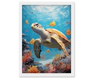 Artery8 Loggerhead Sea Turtle in Coral Reef Bright Detailed Artwork Caretta Swimming with Yellow Striped Fish Artwork Framed A3 Wall Art Print