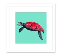 Artery8 Loggerhead Sea Turtle Red Shell Animal Watercolour Ink Stamp Illustration Square Wooden Framed Wall Art Print Picture 8X8 Inch in White Artery8 White