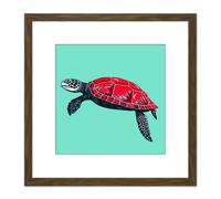 Artery8 Loggerhead Sea Turtle Red Shell Animal Watercolour Ink Stamp Illustration Square Wooden Framed Wall Art Print Picture 8X8 Inch in Brown Artery8 Brown