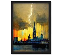 Artery8 London Lightning Skyline Summer Storm Single Strike Artwork Framed Wall Art Print A4 in Black Artery8 Black