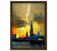 Artery8 London Lightning Skyline Summer Storm Single Strike Artwork Framed Wall Art Print A4 in Brown Artery8 Brown