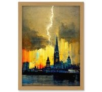 Artery8 London Lightning Skyline Summer Storm Single Strike Artwork Framed Wall Art Print A4 in Light Oak Artery8 Light Oak