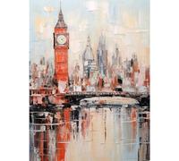 Artery8 London Skyline Abstract Oil Painting Thick Paint Red Big Ben River Thames Westminster Bridge England City Large Wall Art Poster Print Thick Paper 18X24 Inch
