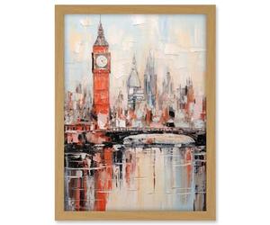Artery8 London Skyline Abstract Oil Painting Thick Paint Red Big Ben River Thames Westminster Bridge England City Artwork Framed A3 Wall Art Print