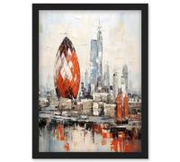 Artery8 London Skyline Abstract Oil Painting Thick Paint Red Gherkin Building River Thames England City Artwork Framed Wall Art Print A4