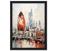Artery8 London Skyline Abstract Oil Painting Thick Paint Red Gherkin Building River Thames England City Artwork Framed Wall Art Print A4