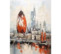 Wall Art Print London Skyline Abstract Oil Painting Thick Paint Red Gherkin Building River Thames England City Poster Artery8 Grey W24 inch x H32 inch