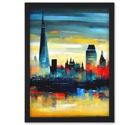 Artery8 London Skyline Reflecting On River Thames Modern Oil Paint Artwork Framed Wall Art Print A4 in Black Artery8 Black