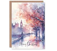 Artery8 London Street View Big Ben Winter Watercolour For Him Or Her Art Christmas Personalised Card