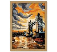 Artery8 London Tower Bridge Dramatic Sunset Sky Artwork Orange Grey River Thames Riverboat England Clouds Artwork Framed Wall Art Print A4