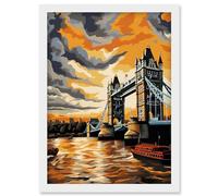 Artery8 London Tower Bridge Dramatic Sunset Sky Artwork Orange Grey River Thames Riverboat England Clouds Artwork Framed Wall Art Print A4