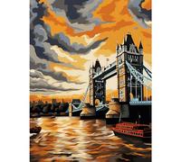Artery8 London Tower Bridge Dramatic Sunset Sky Artwork Orange Grey River Thames Riverboat England Clouds Extra Large XL Wall Art Poster Print