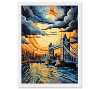 Artery8 London Tower Bridge Dramatic Sunset Vibrant Artwork Blue Orange River Thames England Cloudy Sky Artwork Framed Wall Art Print A4