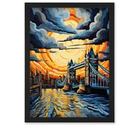 Artery8 London Tower Bridge Dramatic Sunset Vibrant Artwork Blue Orange River Thames England Cloudy Sky Wall Art Print - A4 Size