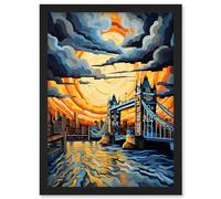 Artery8 London Tower Bridge Dramatic Sunset Vibrant Artwork Blue Orange River Thames England Cloudy Sky Artwork Framed Wall Art Print A4