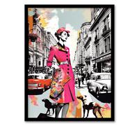 Artery8 London Woman In Pink Retro Glam Fashion Collage Artwork Stylish Dog Walk Busy Downtown Street Vibrant Colourful Bold Pop Art Modern Painting Artwork Framed Wall Art Print A4